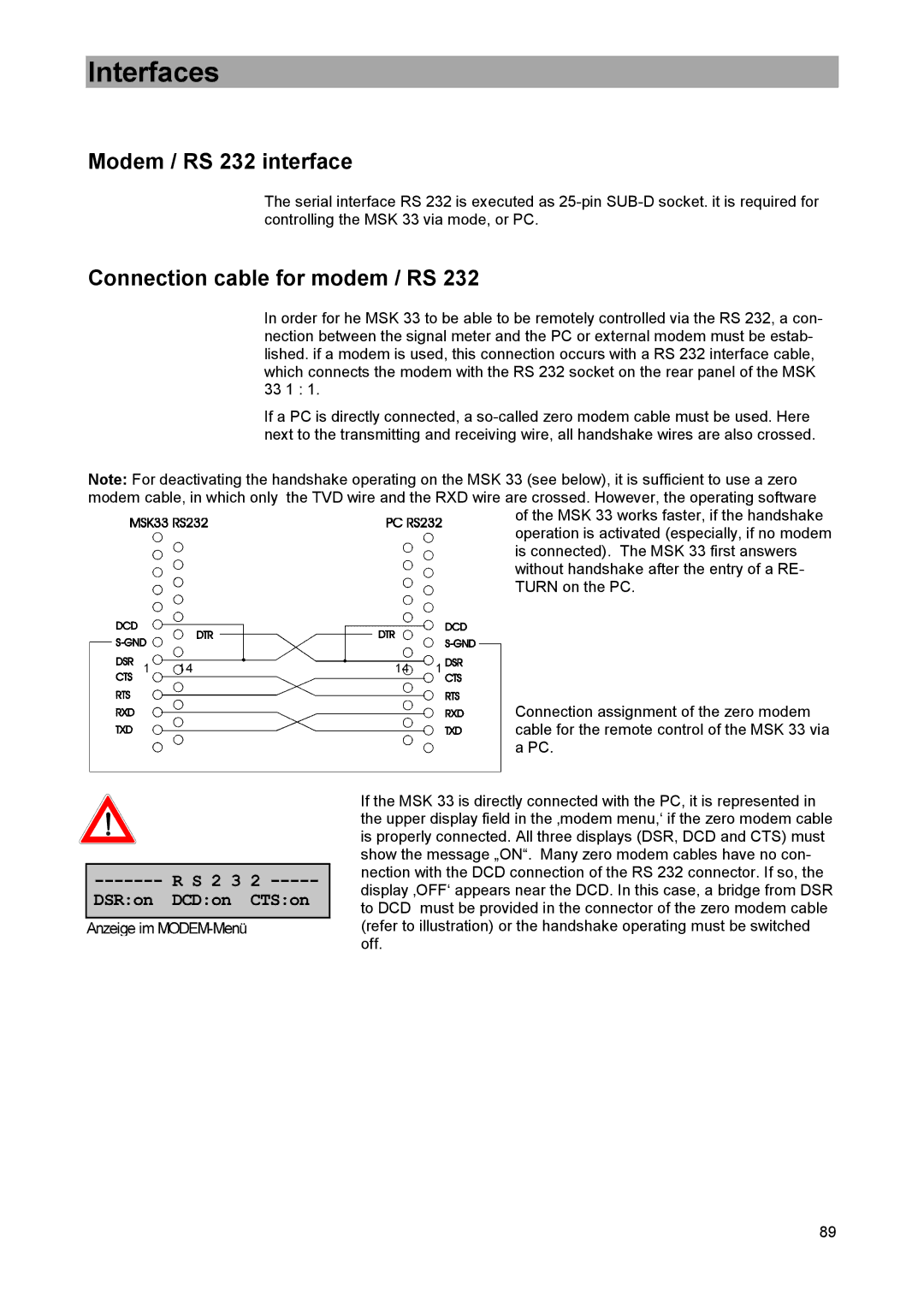 DreamGEAR MSK 33 manual Interfaces, Modem / RS 232 interface, Connection cable for modem / RS 