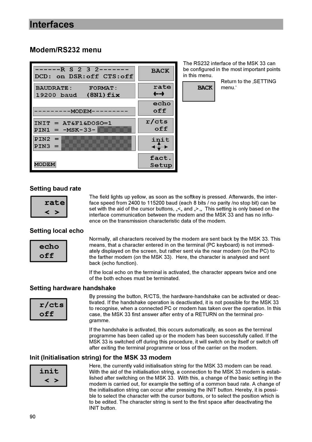 DreamGEAR MSK 33 manual Modem/RS232 menu, Setting baud rate, Setting local echo, Setting hardware handshake 