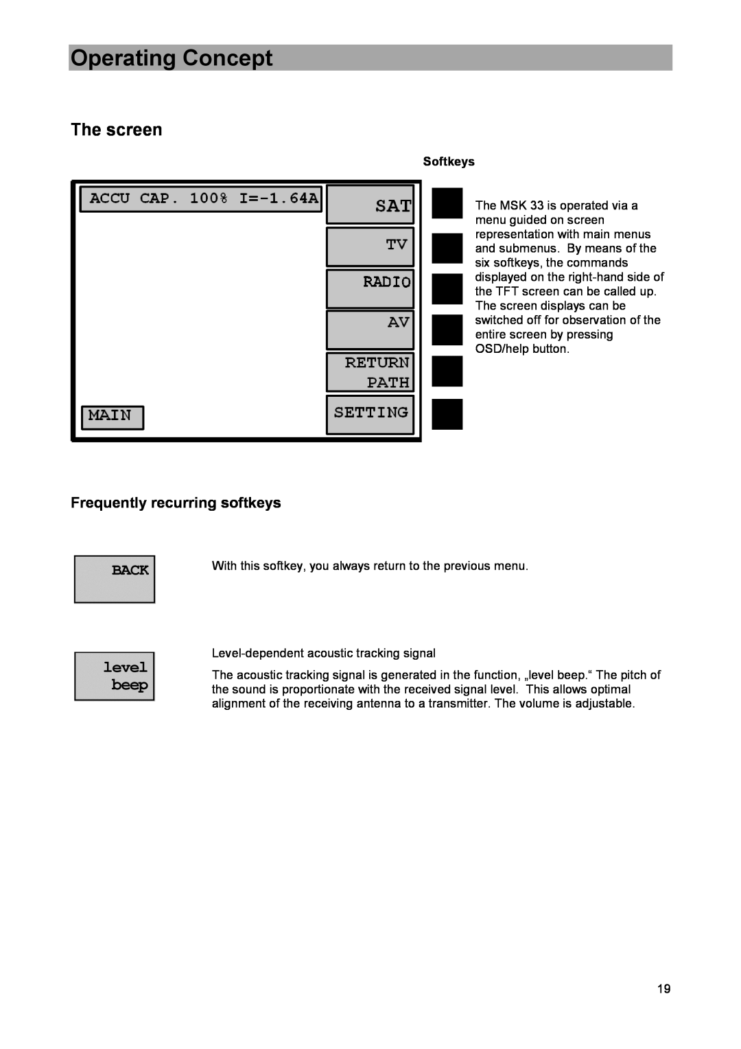 DreamGEAR MSK 33 manual Operating Concept, The screen, Frequently recurring softkeys, Softkeys 