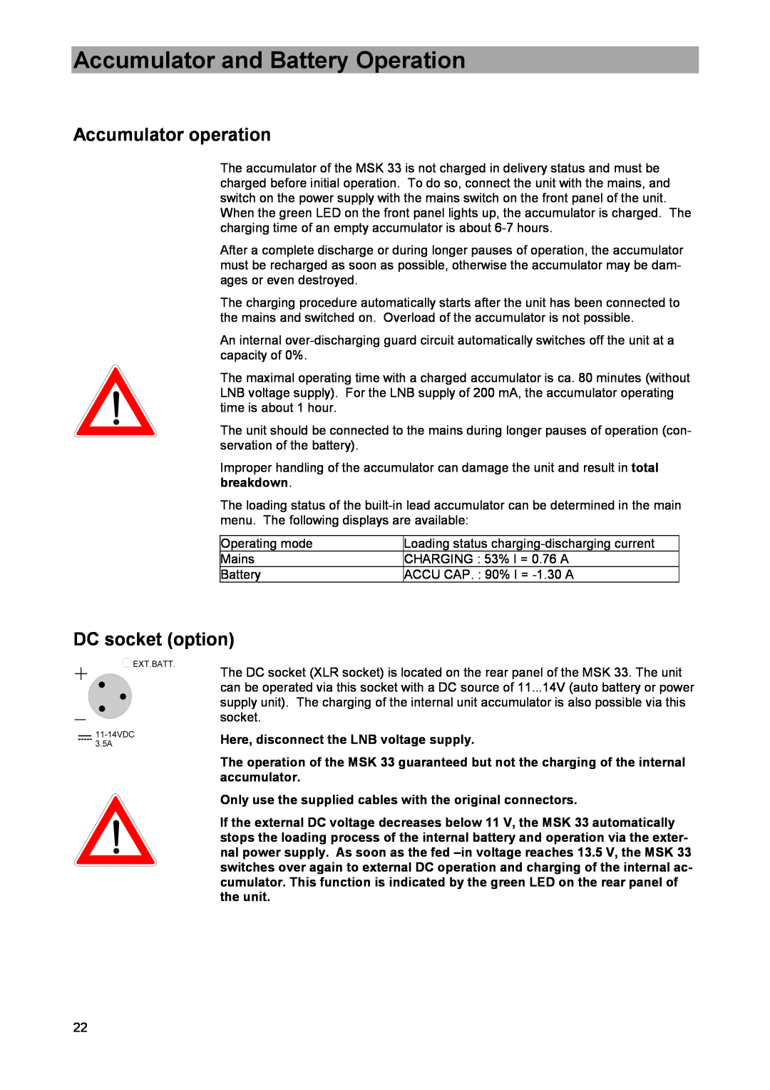 DreamGEAR MSK 33 manual Accumulator and Battery Operation, Accumulator operation, DC socket option 