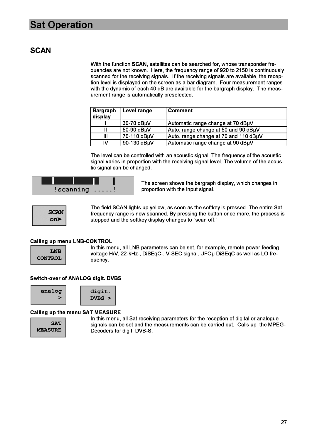 DreamGEAR MSK 33 manual Scan, Sat Operation, Bargraph, Level range, Comment, display, Calling up menu LNB-CONTROL 