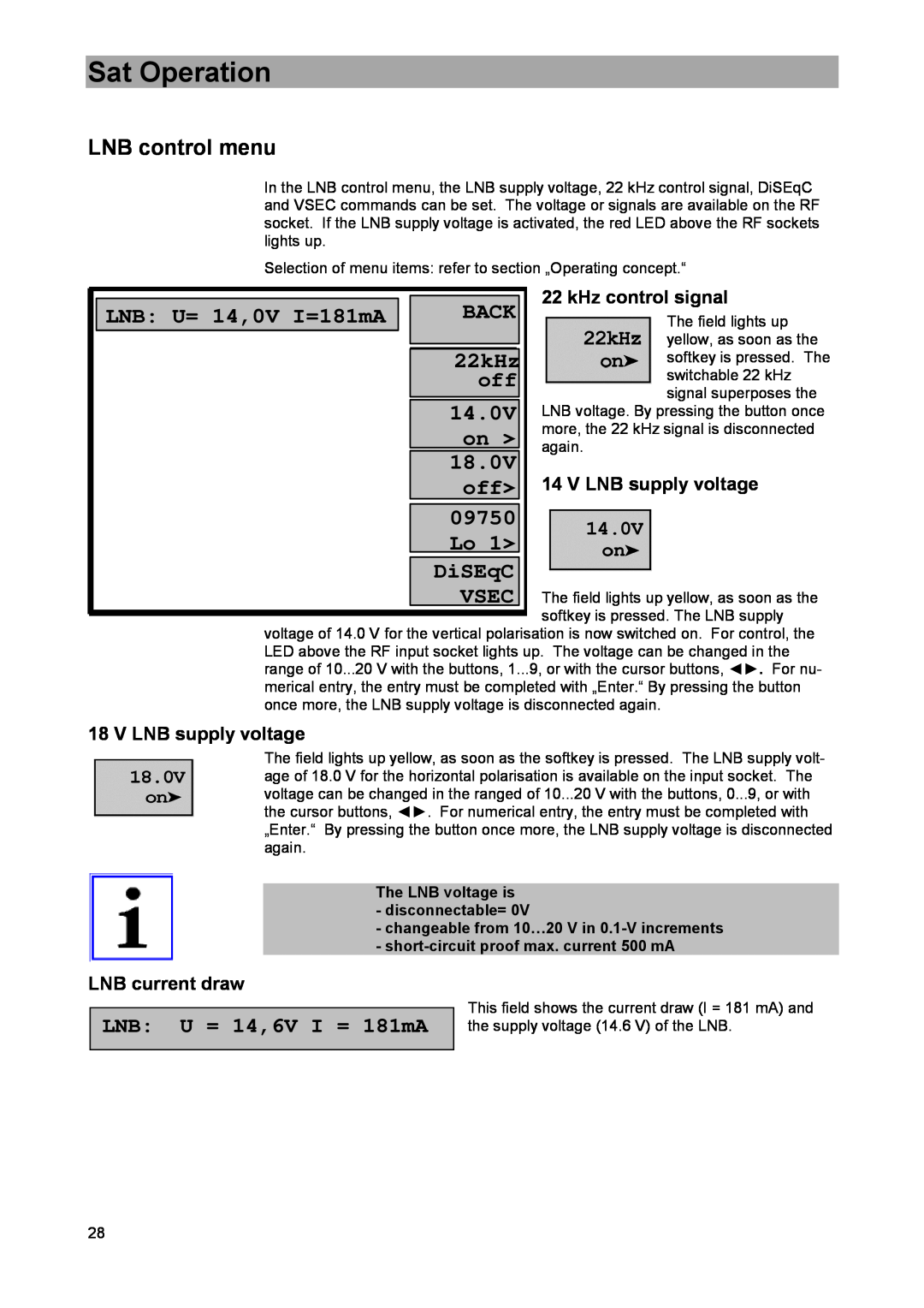 DreamGEAR MSK 33 LNB control menu, 22kHz, 14.0V, 18.0V, LNB U = 14,6V I = 181mA, kHz control signal, V LNB supply voltage 