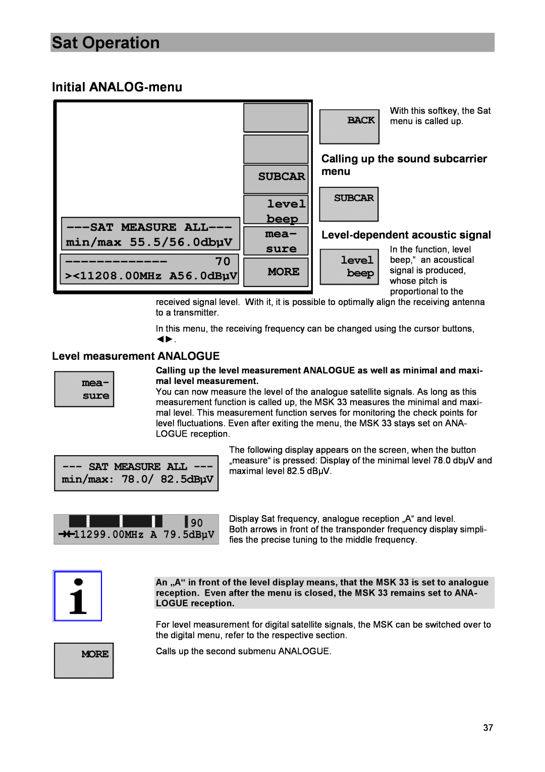DreamGEAR MSK 33 Initial ANALOG-menu, Subcar, level, beep, Sat Measure All, min/max 55.5/56.0dbµV, More, Sat Operation 