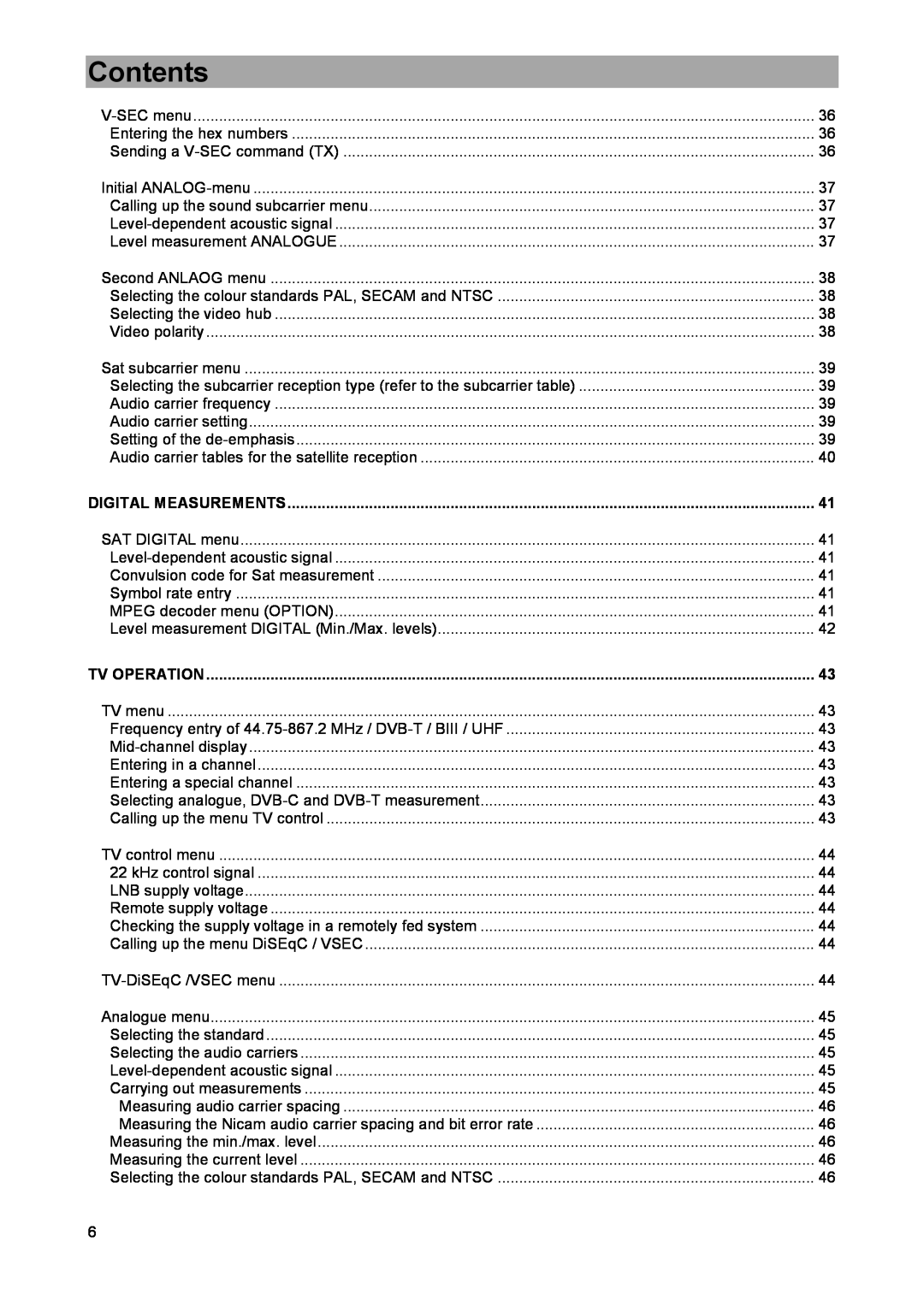 DreamGEAR MSK 33 manual Contents, Digital Measurements, Tv Operation 