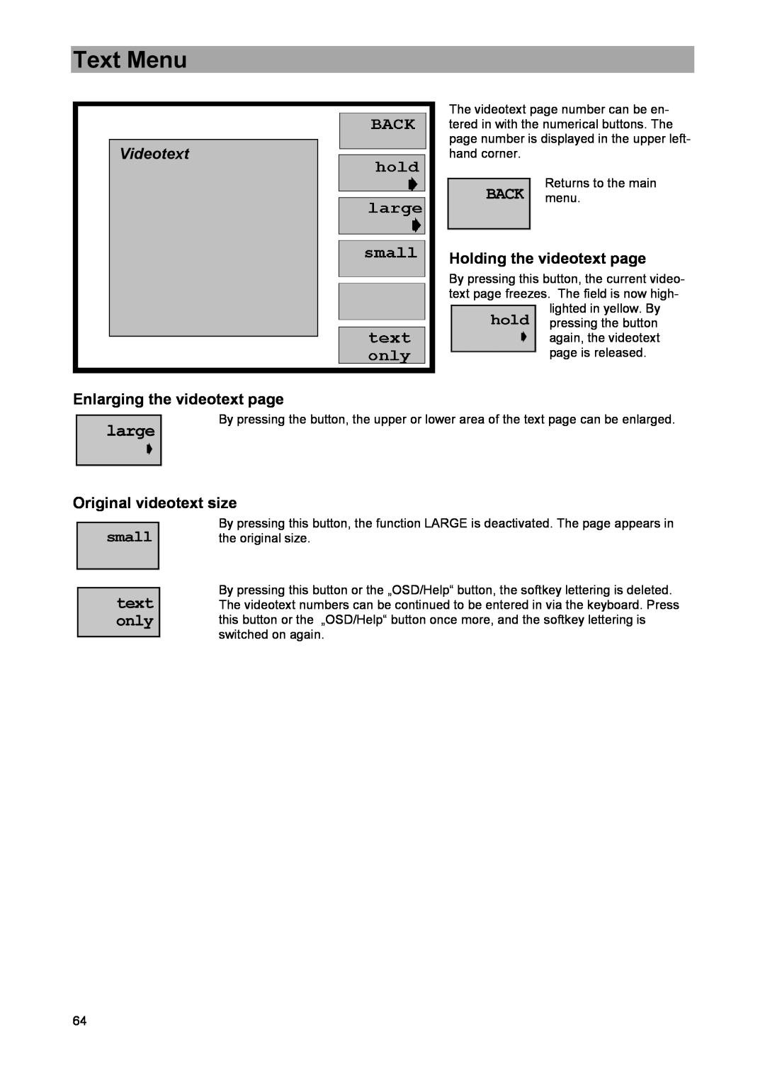 DreamGEAR MSK 33 Text Menu, Enlarging the videotext page, Holding the videotext page, Original videotext size, Videotext 