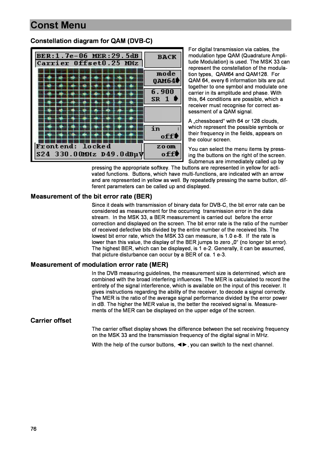 DreamGEAR MSK 33 Constellation diagram for QAM DVB-C, Measurement of modulation error rate MER, Const Menu, Carrier offset 