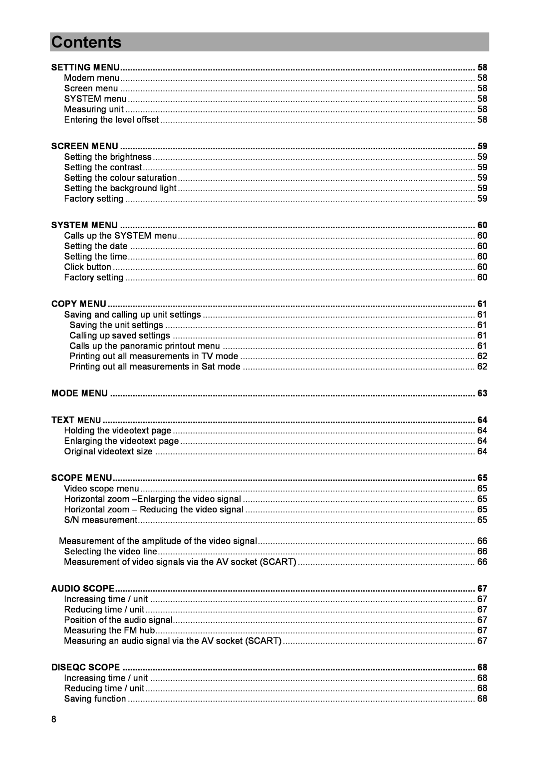 DreamGEAR MSK 33 manual Contents, Setting Menu, Screen Menu, System Menu, Copy Menu, Mode Menu, Text Menu, Scope Menu 