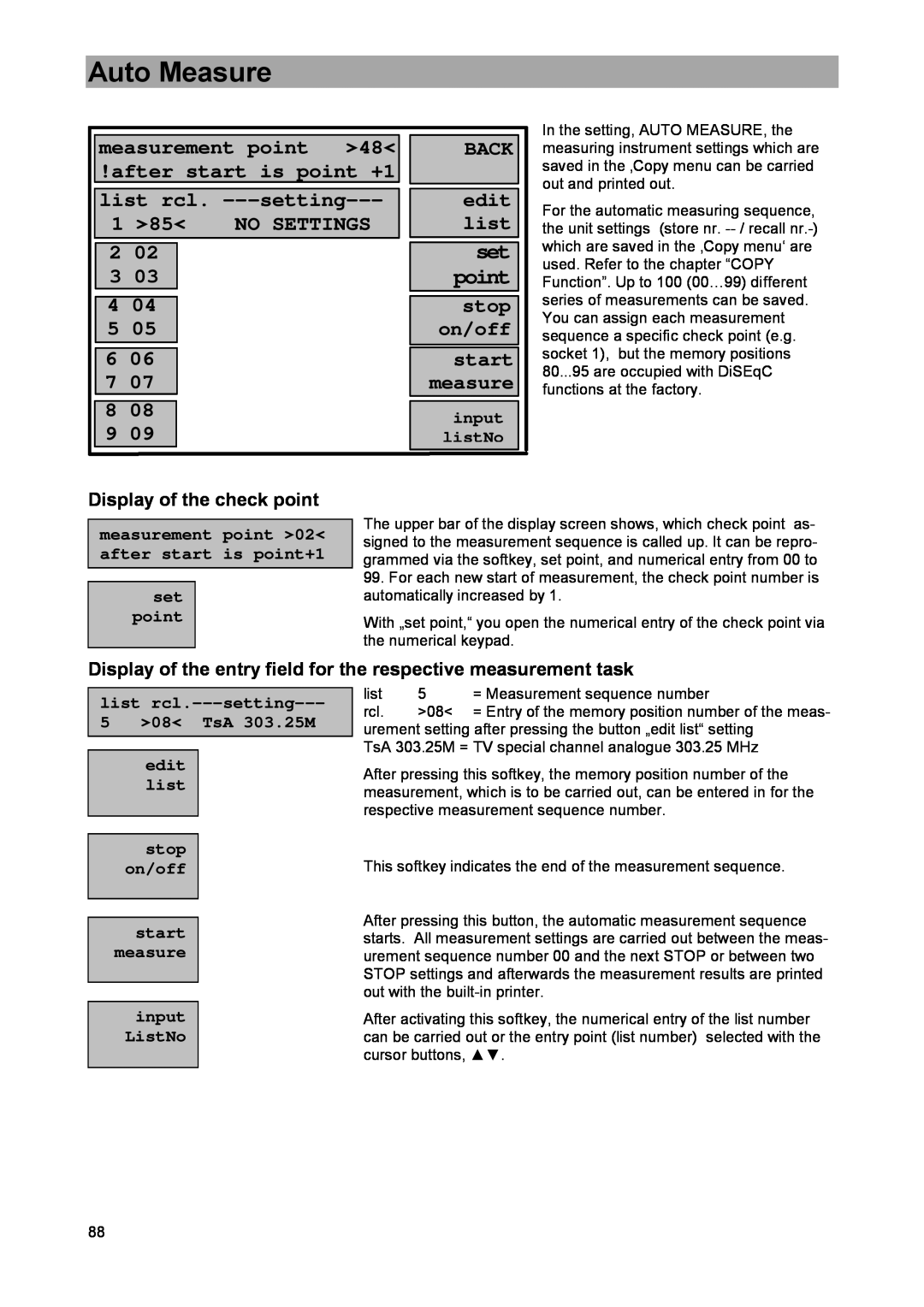 DreamGEAR MSK 33 Auto Measure, measurement point, list rcl. ---setting, edit, No Settings, stop, on/off, start, inpu 