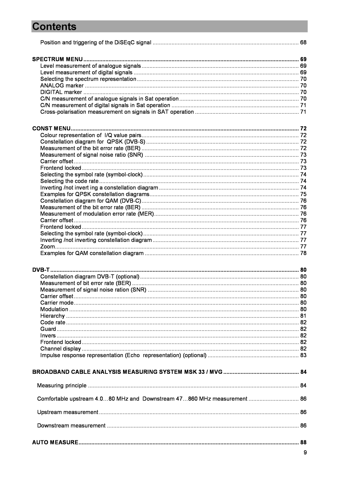 DreamGEAR manual Contents, Spectrum Menu, Const Menu, Dvb-T, BROADBAND CABLE ANALYSIS MEASURING SYSTEM MSK 33 / MVG 