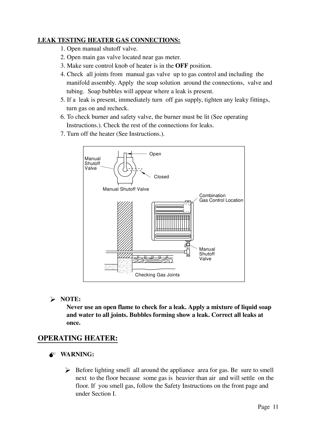 DreamGEAR P186, P314, N313, N185 installation manual Operating Heater, Leak Testing Heater GAS Connections 