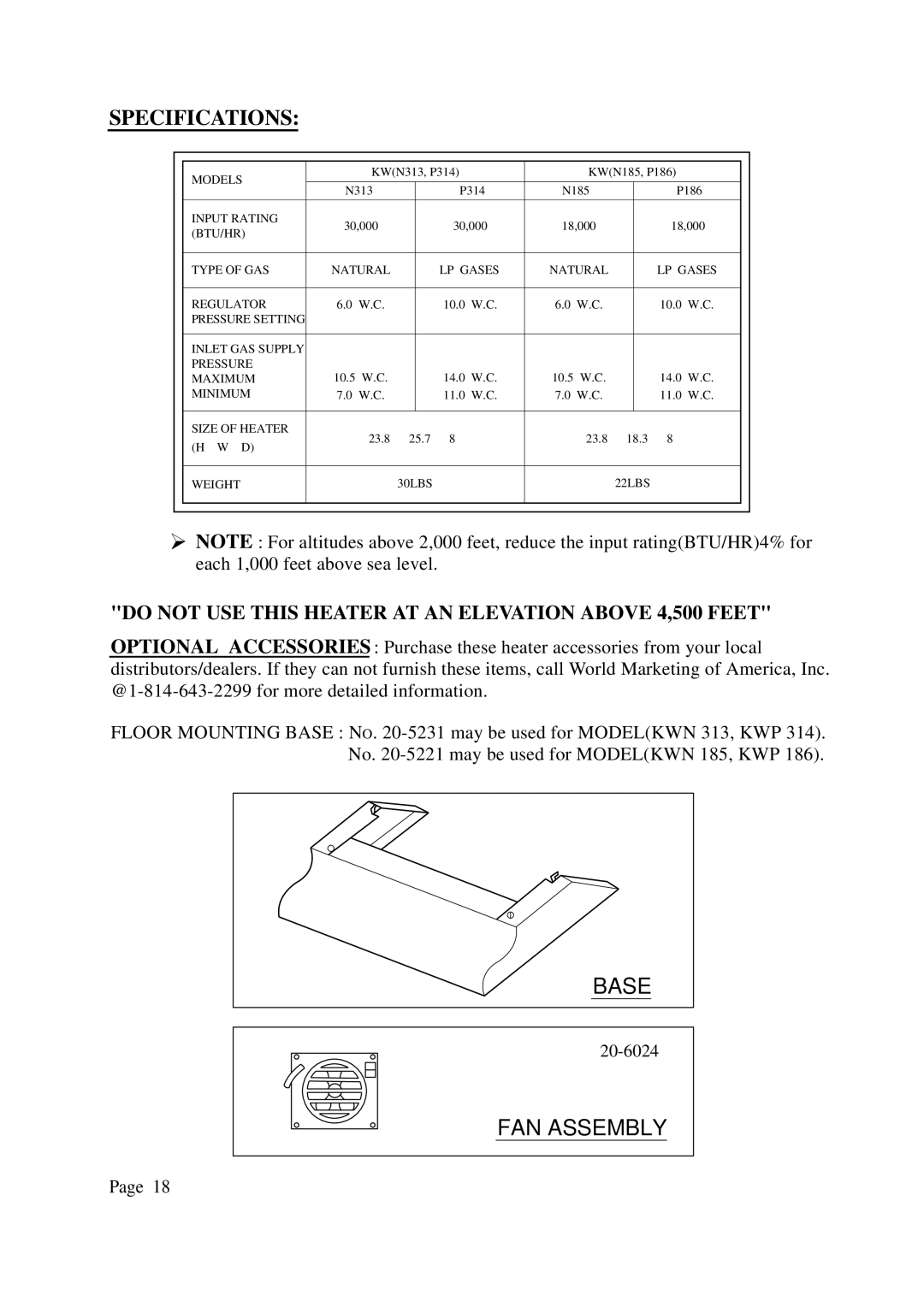 DreamGEAR N185, P186, P314, N313 installation manual Specifications, Do not USE this Heater AT AN Elevation Above 4,500 Feet 