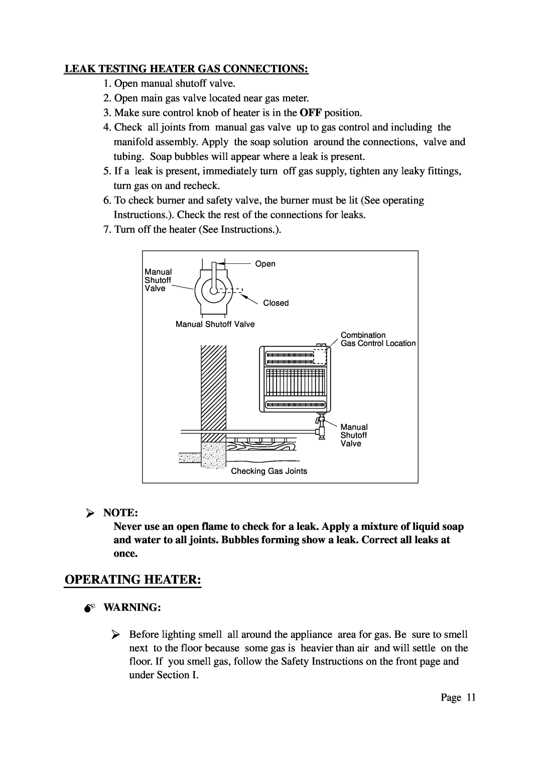 DreamGEAR P186, P314, N313, N185 installation manual Operating Heater, Leak Testing Heater Gas Connections 