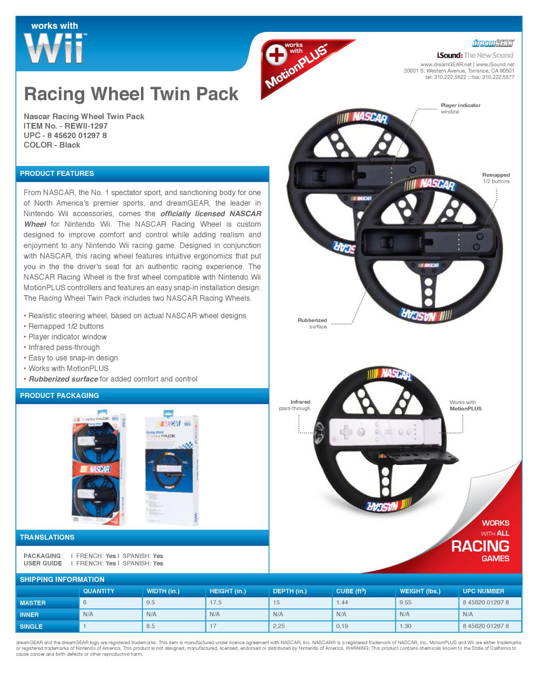 DreamGEAR REWII-1297 manual Racing Wheel Twin Pack, Games 