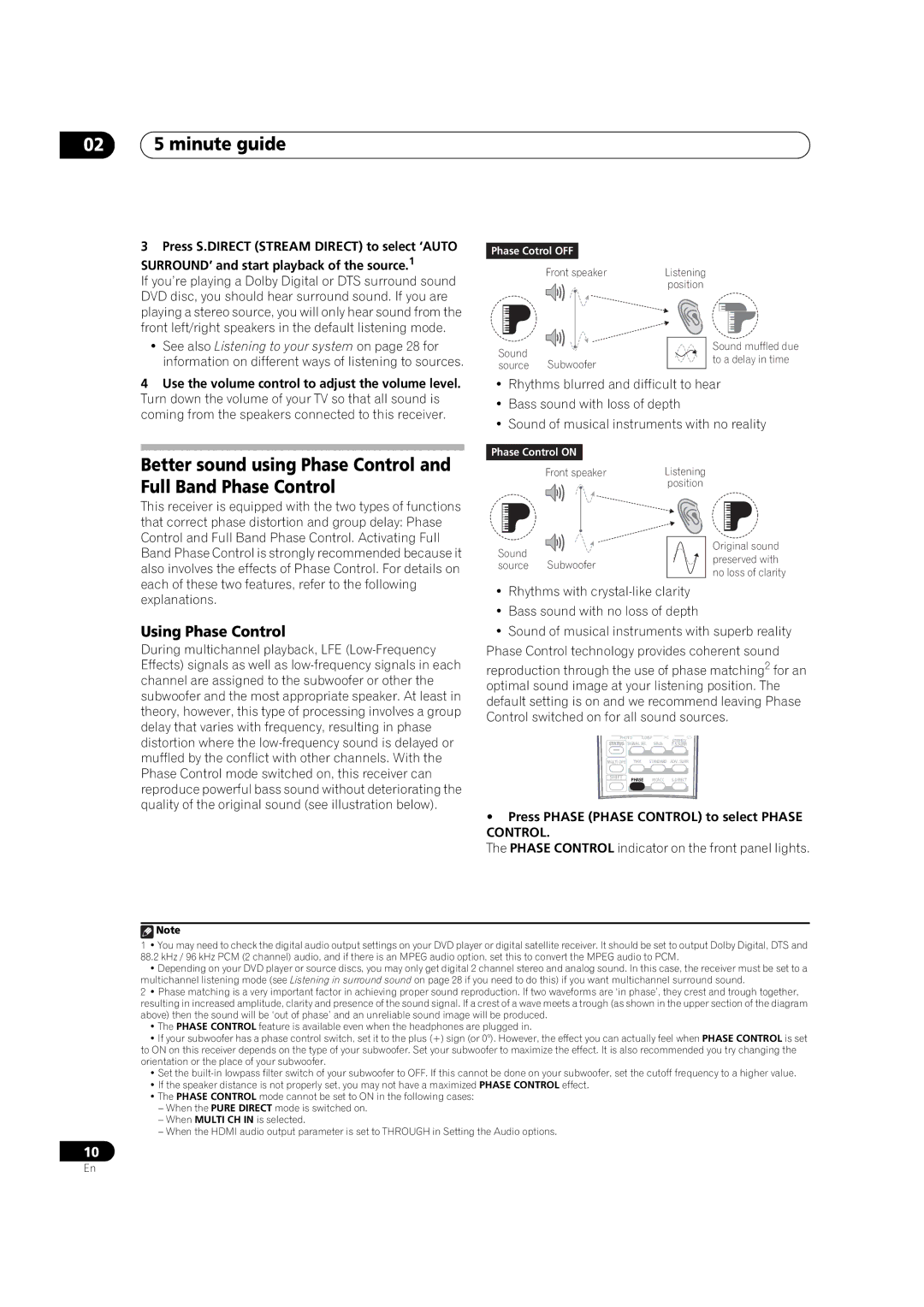 DreamGEAR VSX-94TXH, VSX-92TXH 02 5 minute guide, Using Phase Control, Press Phase Phase Control to select Phase Control 