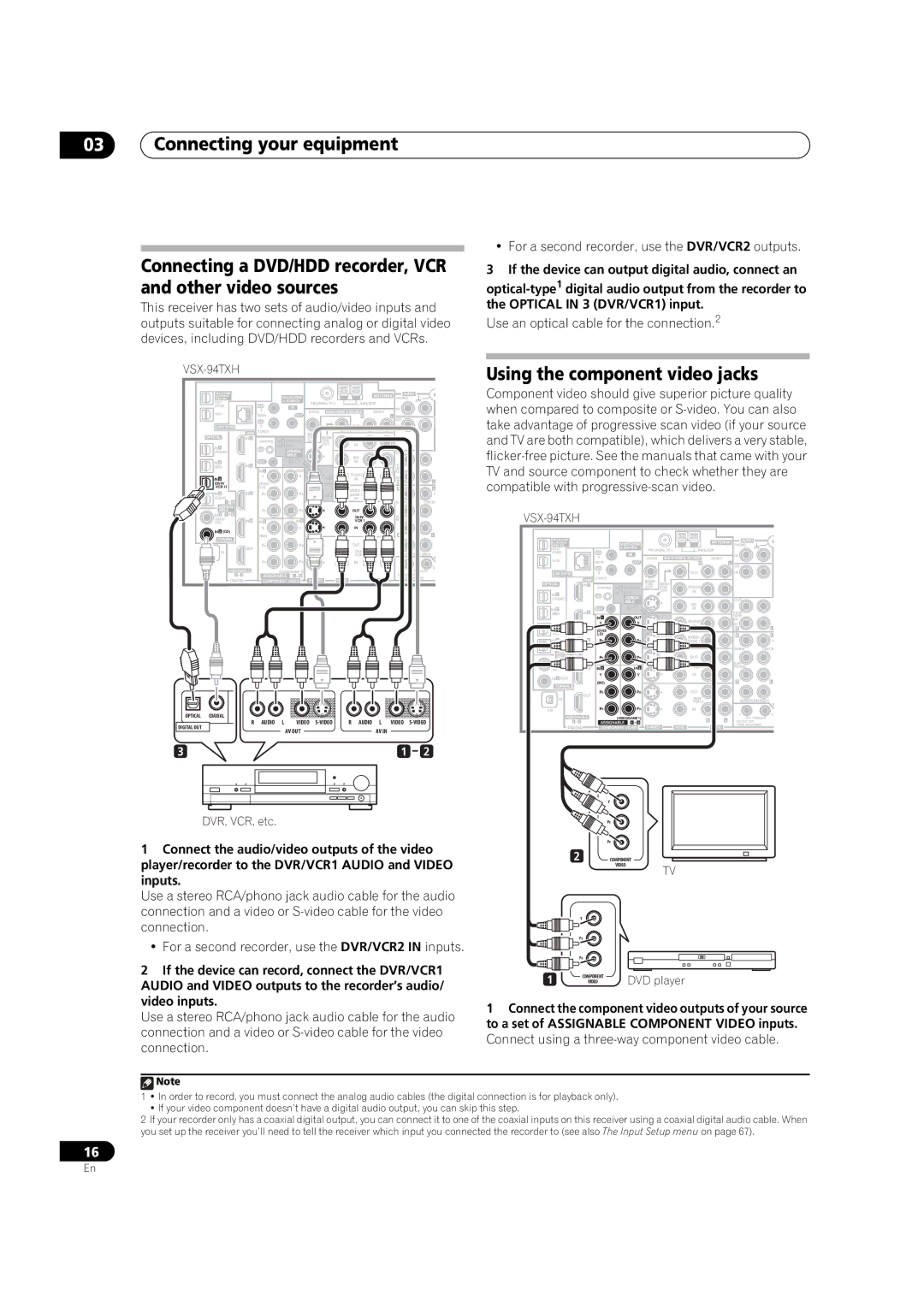 DreamGEAR VSX-94TXH, VSX-92TXH Connecting a DVD/HDD recorder, VCR, For a second recorder, use the DVR/VCR2 in inputs 