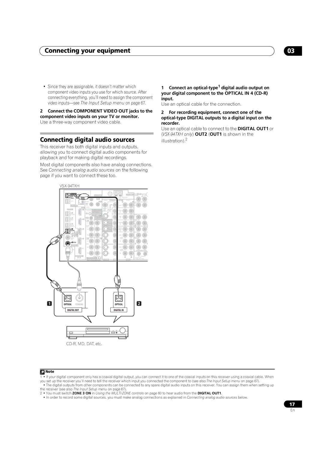 DreamGEAR VSX-92TXH, VSX-94TXH Connecting digital audio sources, Use a three-way component video cable 