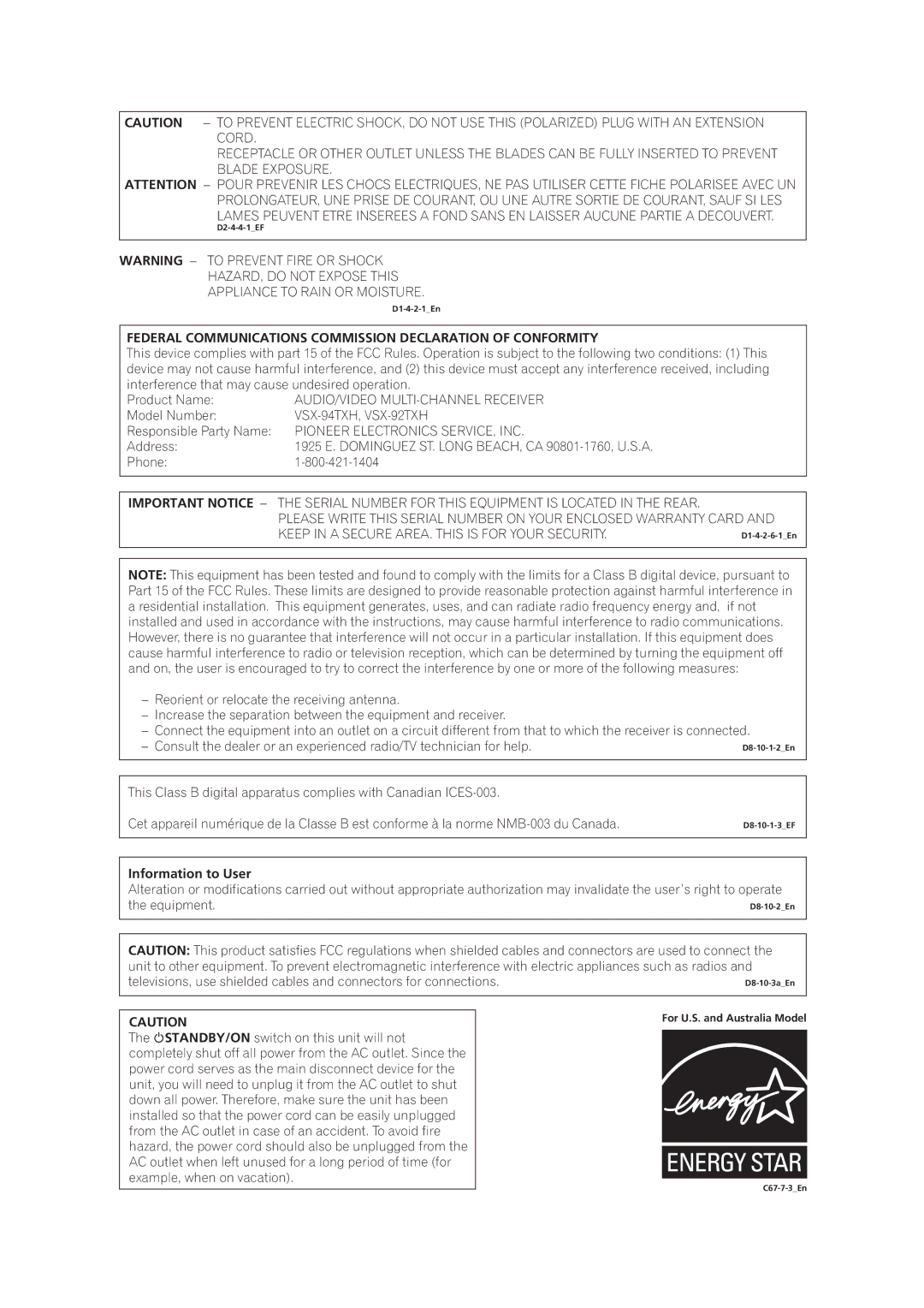 DreamGEAR VSX-94TXH Federal Communications Commission Declaration of Conformity, Model Number, Responsible Party Name 