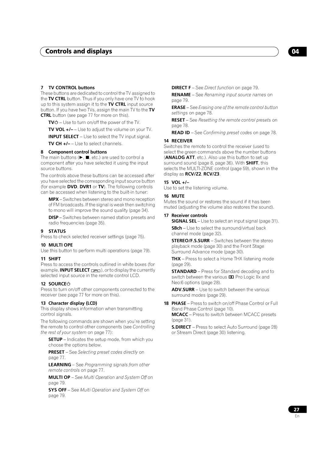 DreamGEAR VSX-92TXH, VSX-94TXH operating instructions Status, Multi OPE, Shift, Source, Receiver, Mute 