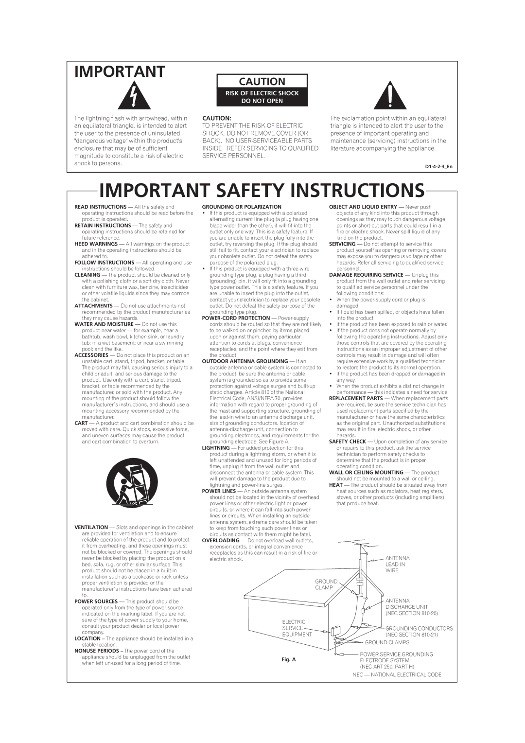 DreamGEAR VSX-92TXH, VSX-94TXH operating instructions Important Safety Instructions 