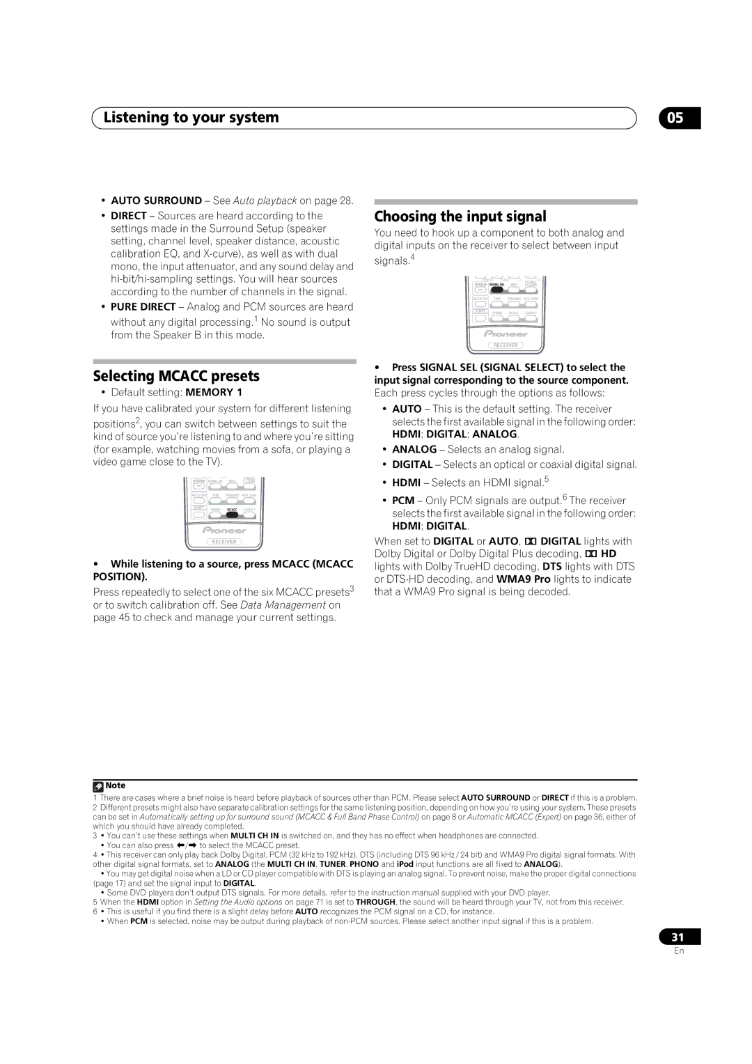 DreamGEAR VSX-92TXH, VSX-94TXH Choosing the input signal, Selecting Mcacc presets, Hdmi Digital Analog 