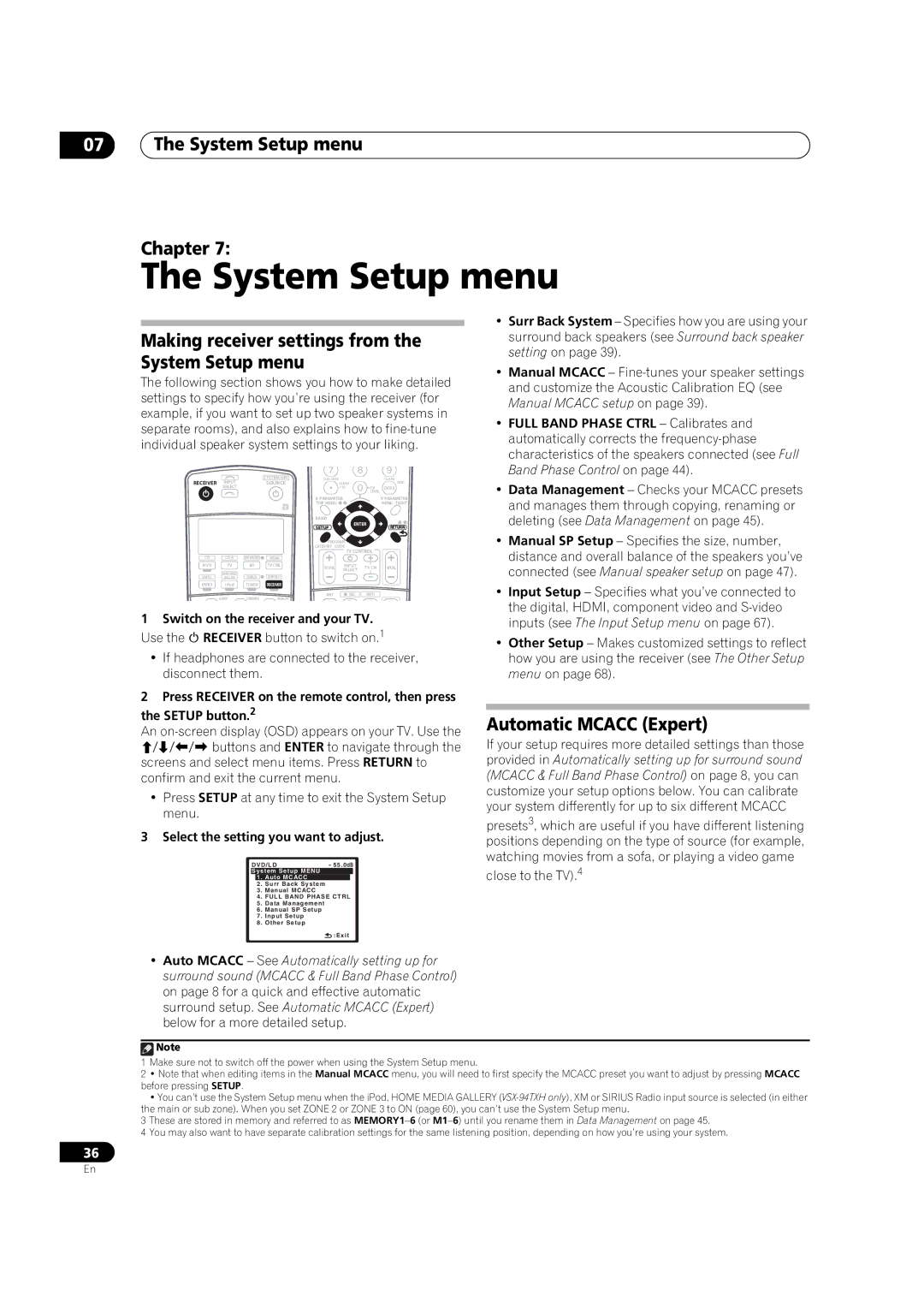 DreamGEAR VSX-94TXH, VSX-92TXH System Setup menu Chapter, Making receiver settings from the System Setup menu 