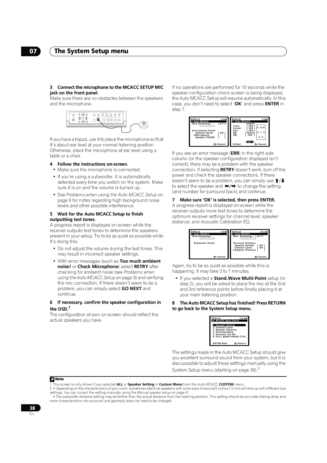 DreamGEAR VSX-94TXH, VSX-92TXH operating instructions If necessary, confirm the speaker configuration in the OSD.1 