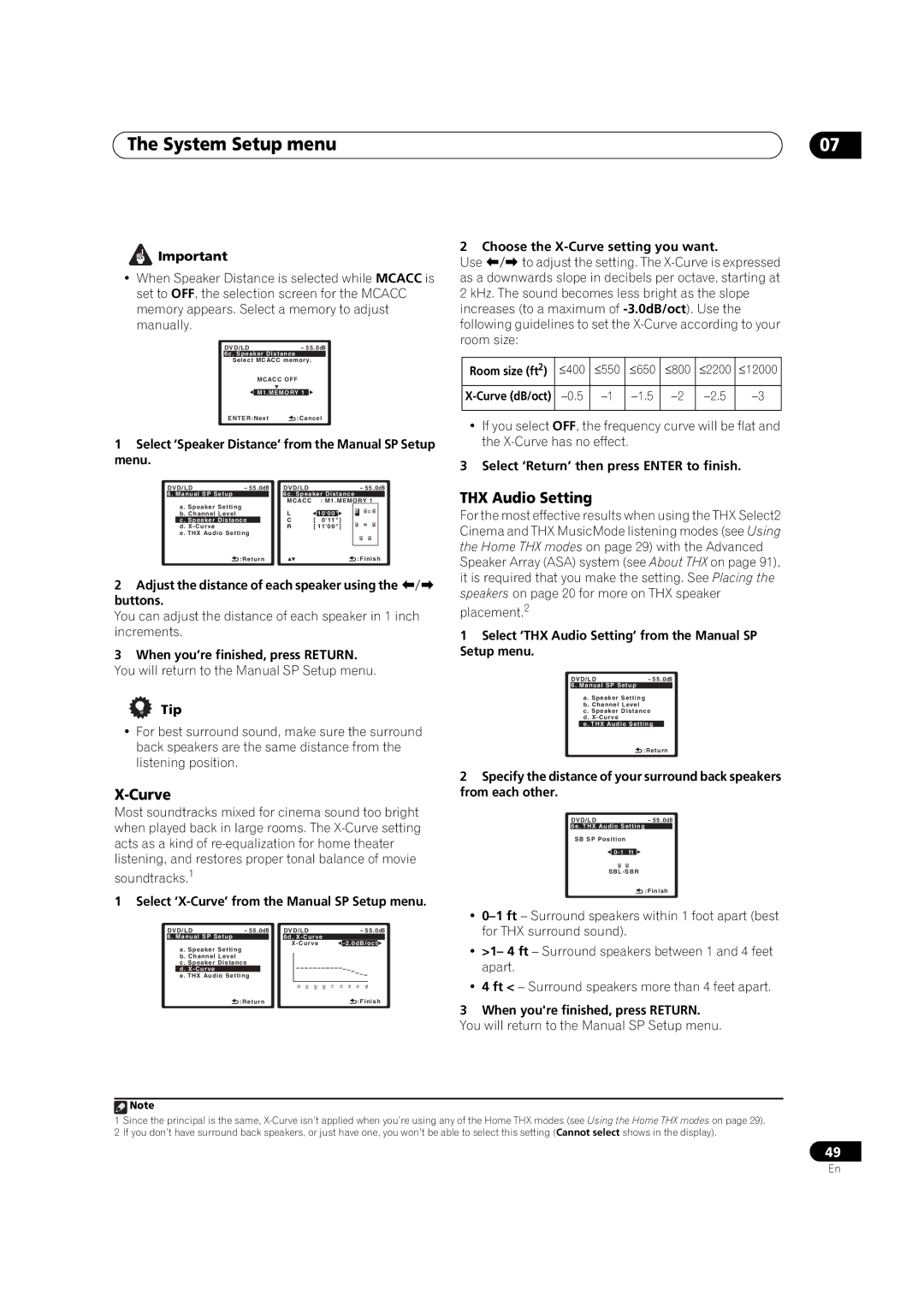 DreamGEAR VSX-92TXH, VSX-94TXH operating instructions Curve, THX Audio Setting 