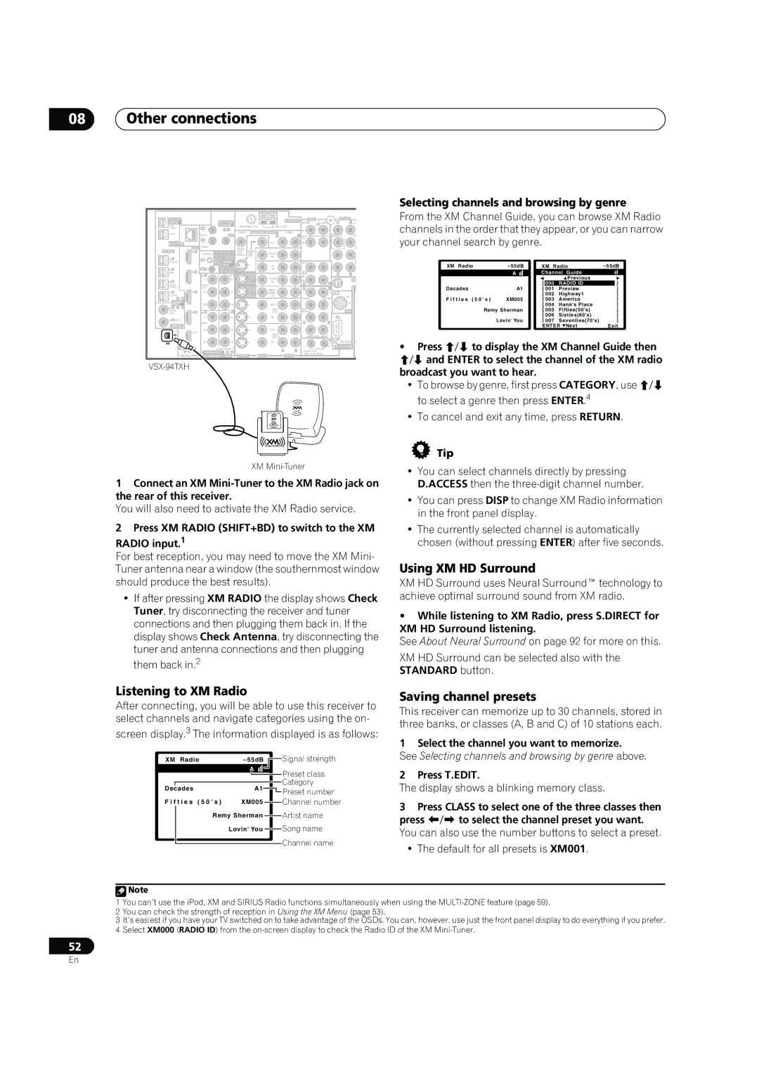 DreamGEAR VSX-94TXH, VSX-92TXH operating instructions Using XM HD Surround, Listening to XM Radio, Saving channel presets 