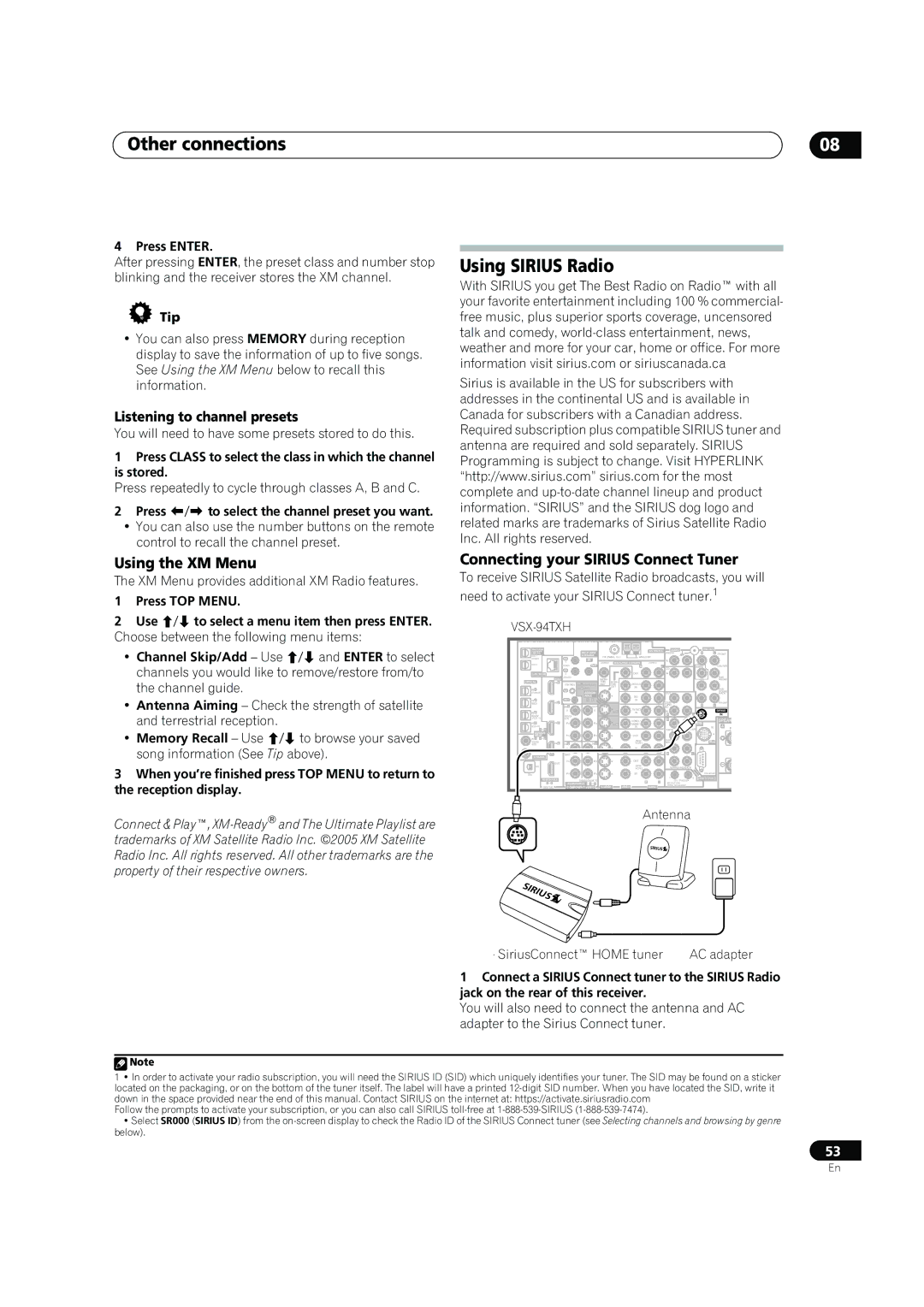 DreamGEAR VSX-92TXH, VSX-94TXH Using Sirius Radio, Using the XM Menu, Connecting your Sirius Connect Tuner 