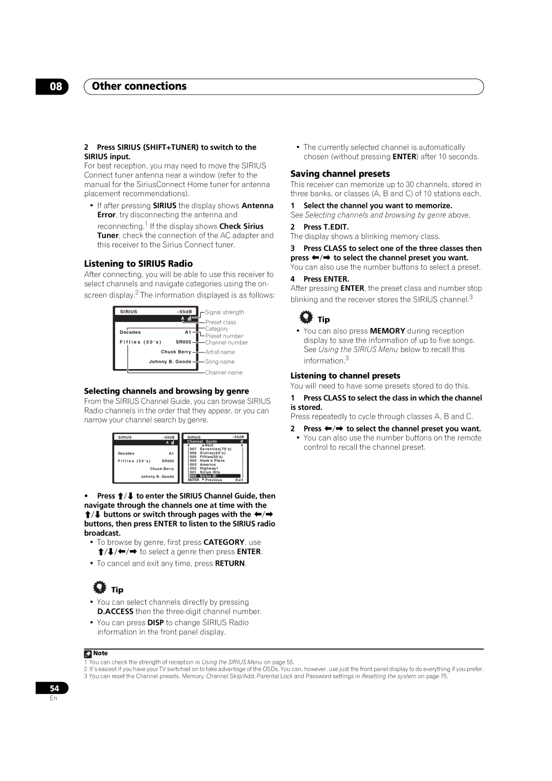 DreamGEAR VSX-94TXH, VSX-92TXH operating instructions Listening to Sirius Radio, Selecting channels and browsing by genre 