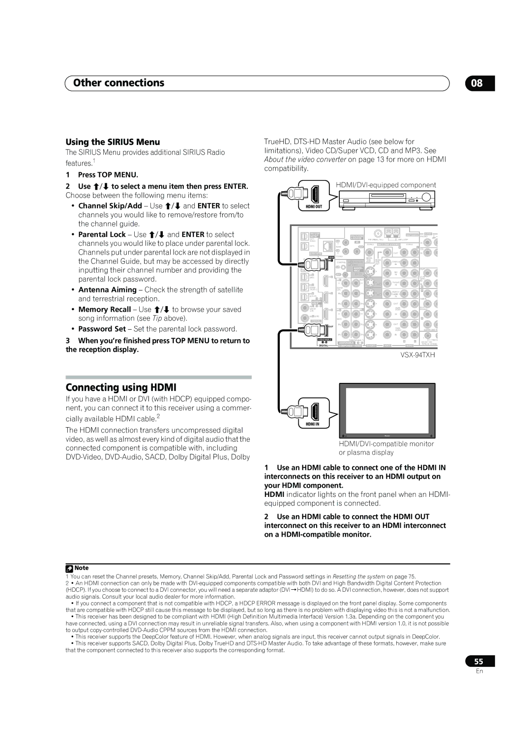 DreamGEAR VSX-92TXH Connecting using Hdmi, Using the Sirius Menu, Sirius Menu provides additional Sirius Radio features.1 