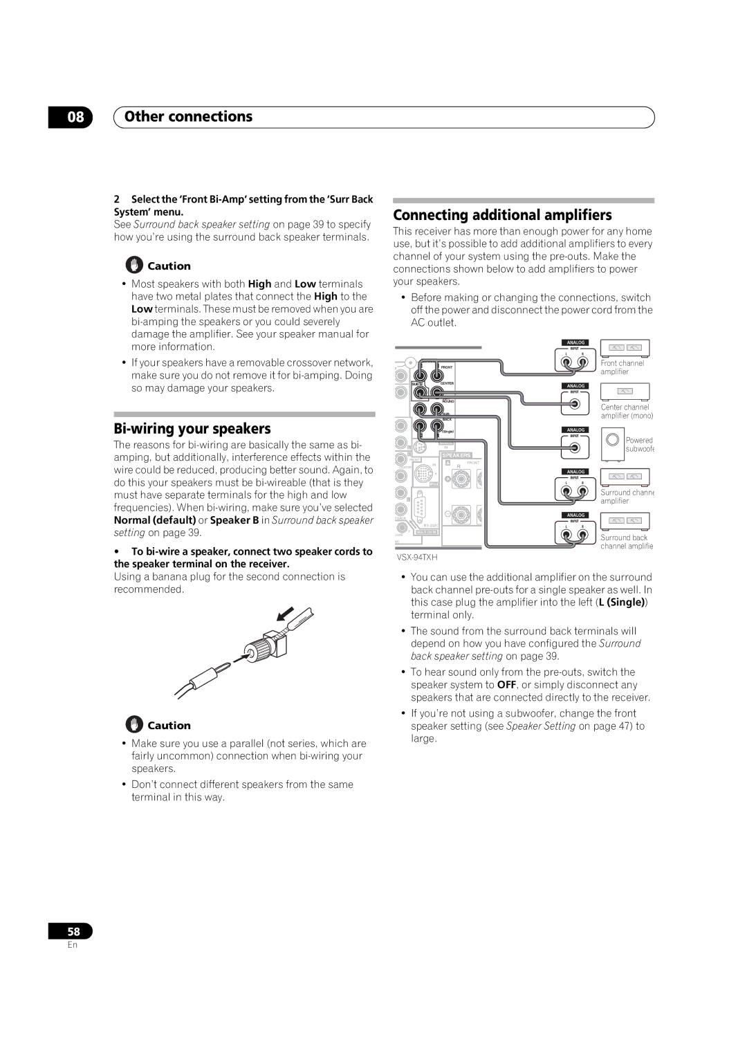 DreamGEAR VSX-94TXH, VSX-92TXH Connecting additional amplifiers, Bi-wiring your speakers, Speaker terminal on the receiver 