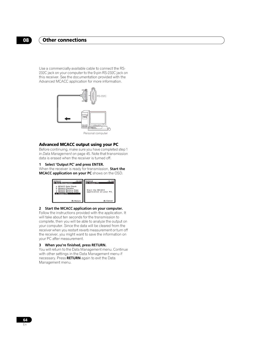 DreamGEAR VSX-94TXH, VSX-92TXH Advanced Mcacc output using your PC, Select ‘Output PC’ and press Enter, Personal computer 