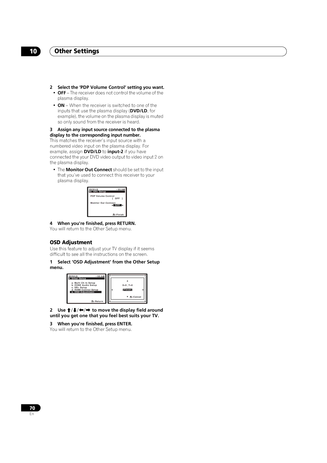 DreamGEAR VSX-94TXH, VSX-92TXH operating instructions OSD Adjustment, Select the ‘PDP Volume Control’ setting you want 