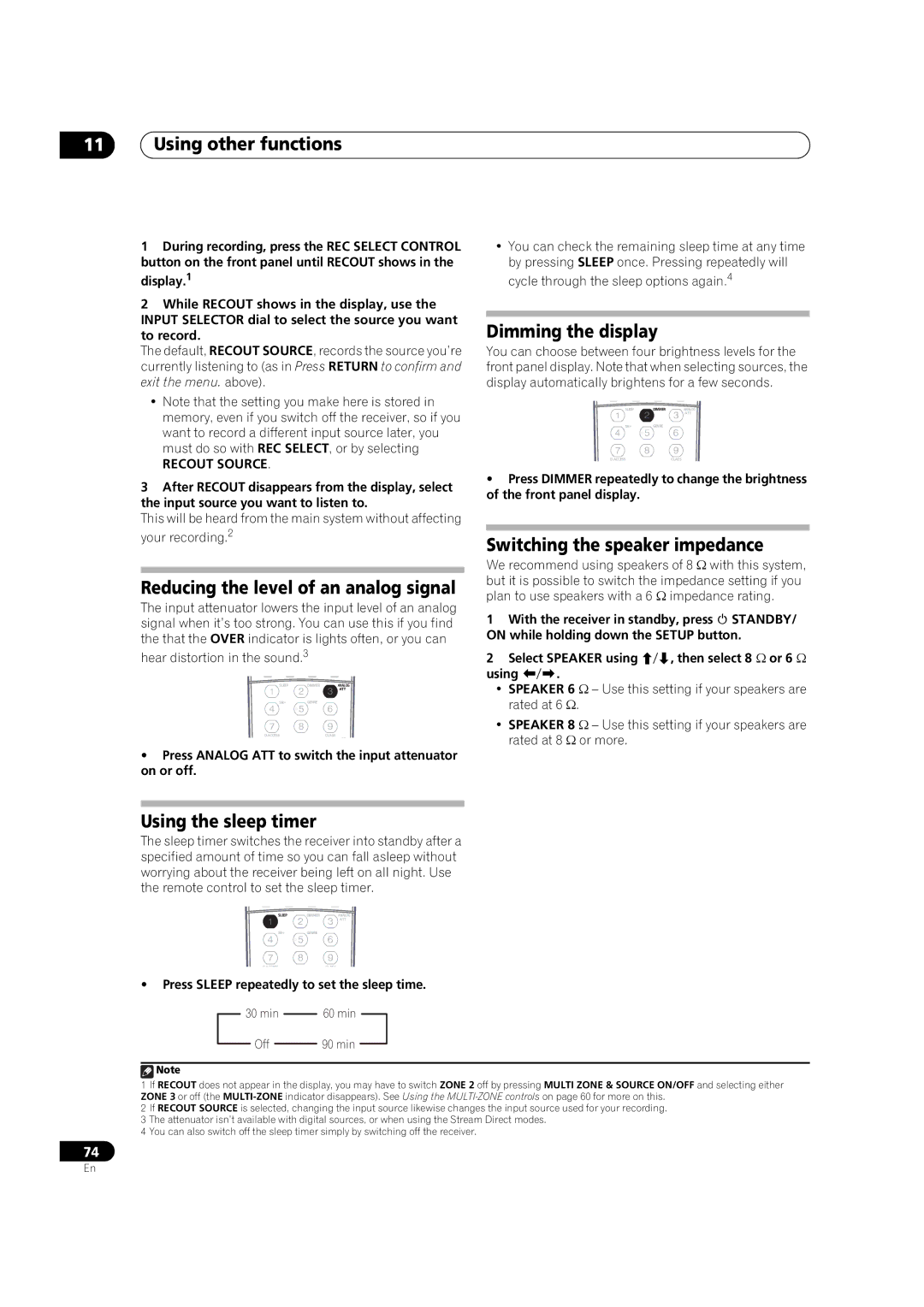 DreamGEAR VSX-94TXH Reducing the level of an analog signal, Dimming the display, Switching the speaker impedance 