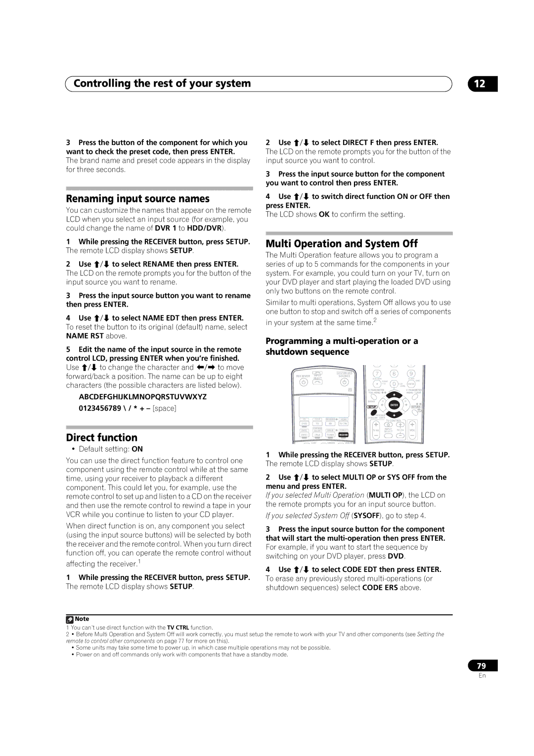 DreamGEAR VSX-92TXH, VSX-94TXH Renaming input source names, Multi Operation and System Off, Direct function 