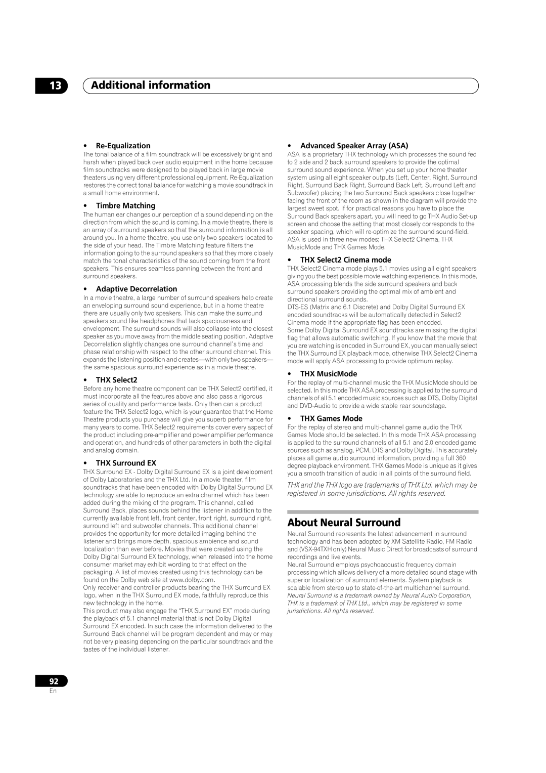 DreamGEAR VSX-94TXH, VSX-92TXH operating instructions About Neural Surround 