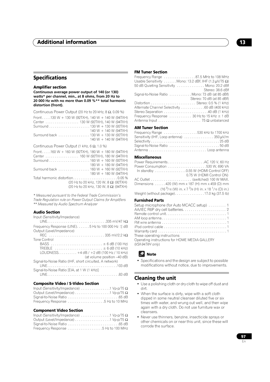 DreamGEAR VSX-92TXH, VSX-94TXH operating instructions Additional information Specifications, Cleaning the unit 