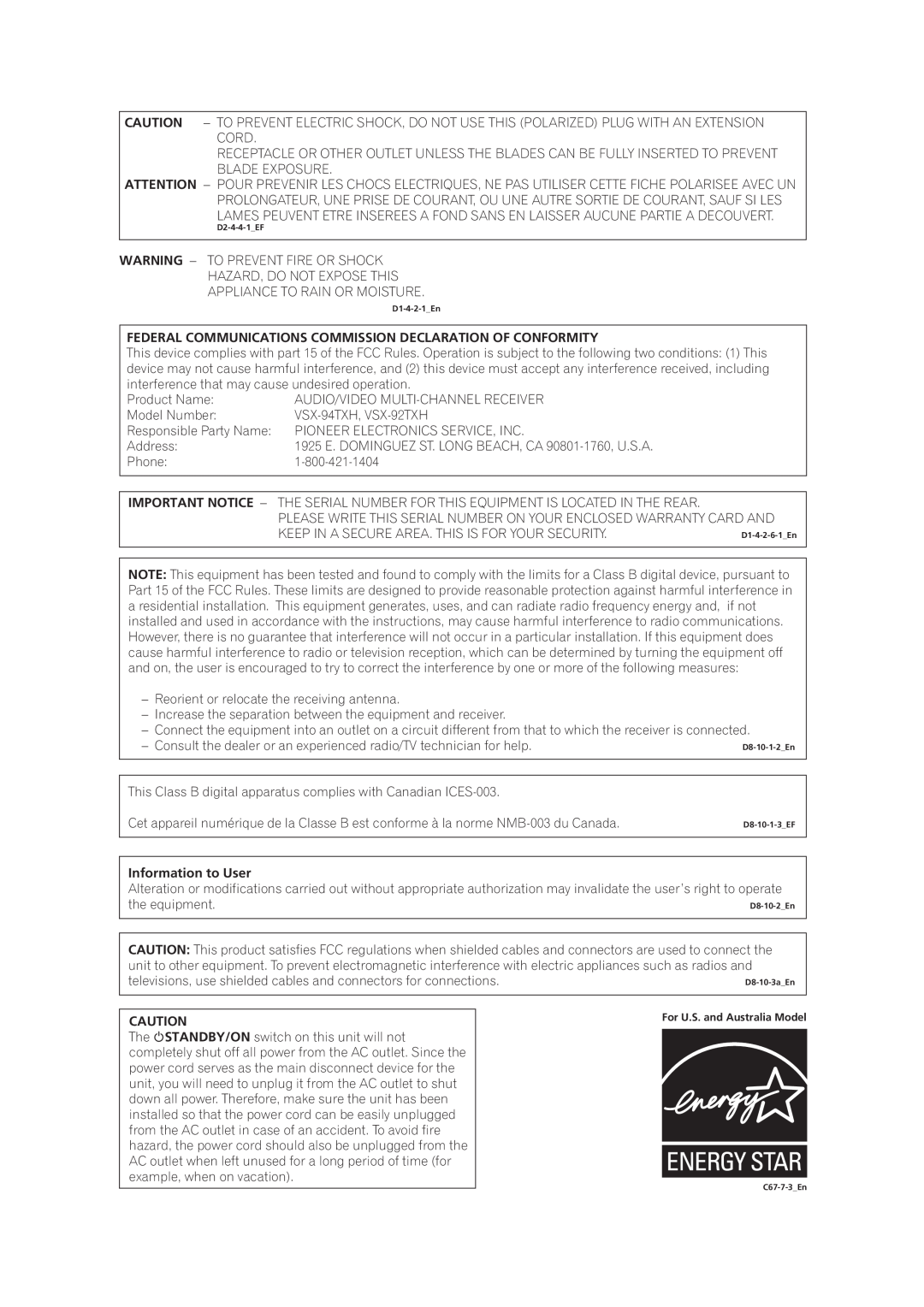 DreamGEAR VSX-94TXH, VSX-92TXH Federal Communications Commission Declaration Of Conformity, Information to User 