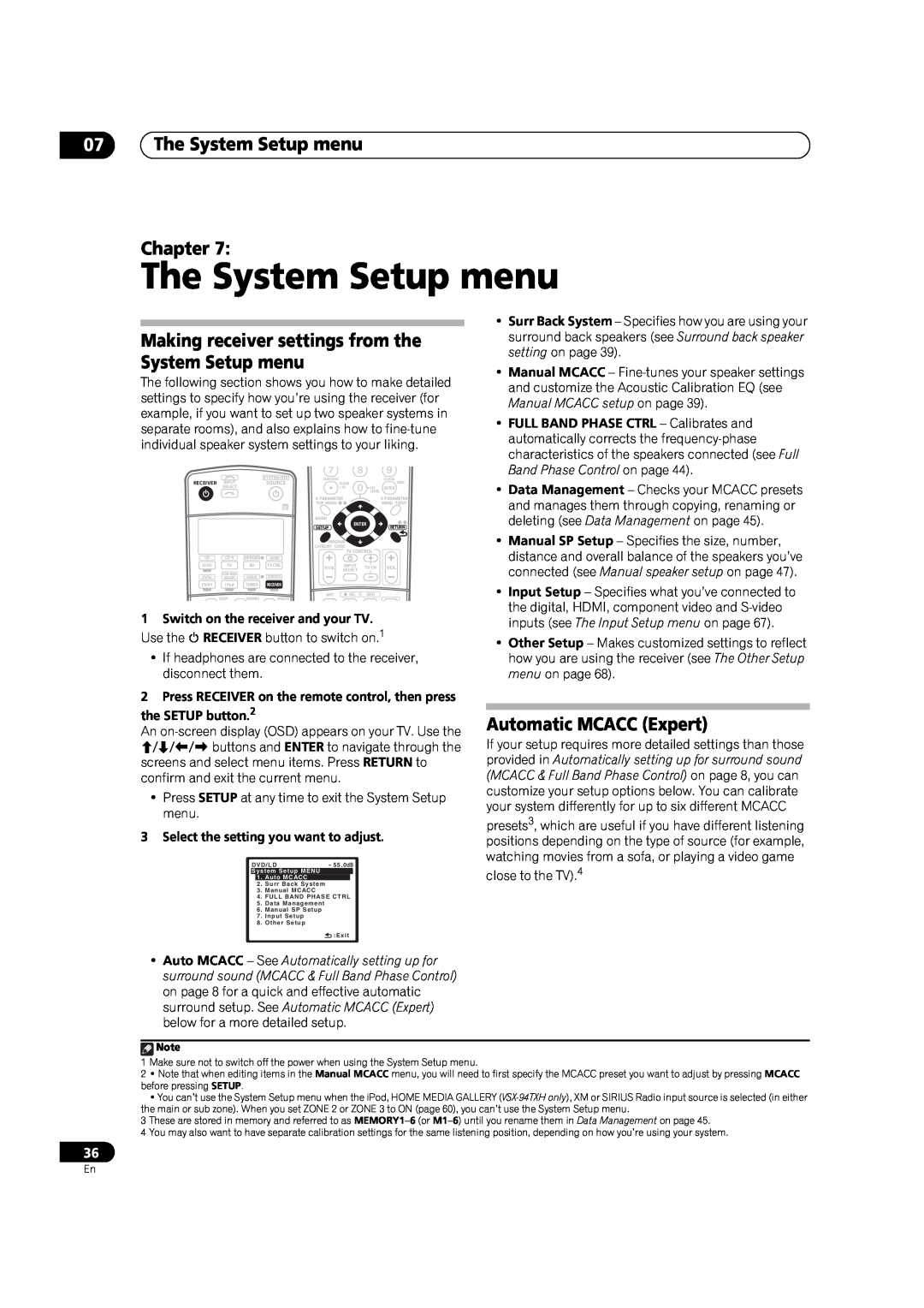 DreamGEAR VSX-94TXH, VSX-92TXH The System Setup menu Chapter, Making receiver settings from the System Setup menu 