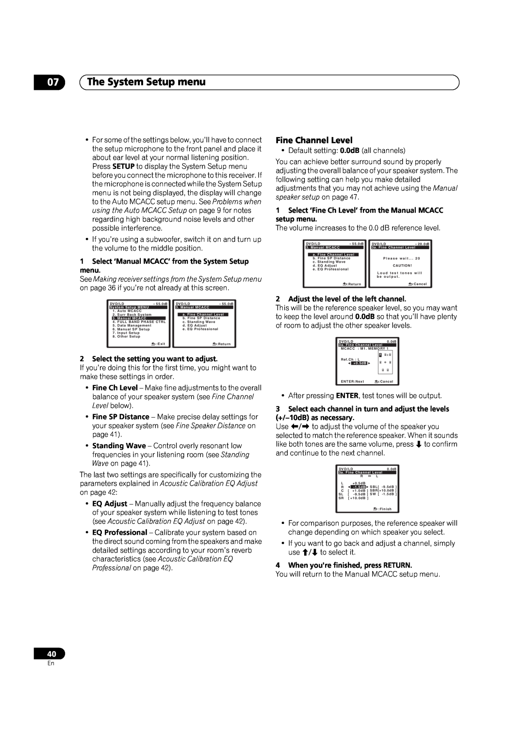 DreamGEAR VSX-94TXH, VSX-92TXH Fine Channel Level, The System Setup menu, Select ‘Manual MCACC’ from the System Setup menu 