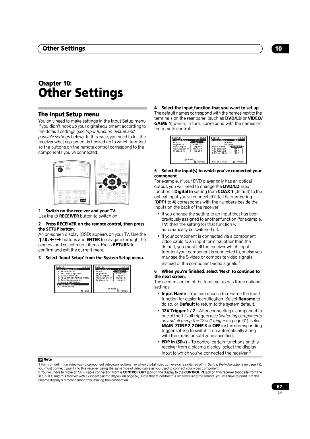 DreamGEAR VSX-92TXH, VSX-94TXH Other Settings, The Input Setup menu, Chapter, component, the next screen 