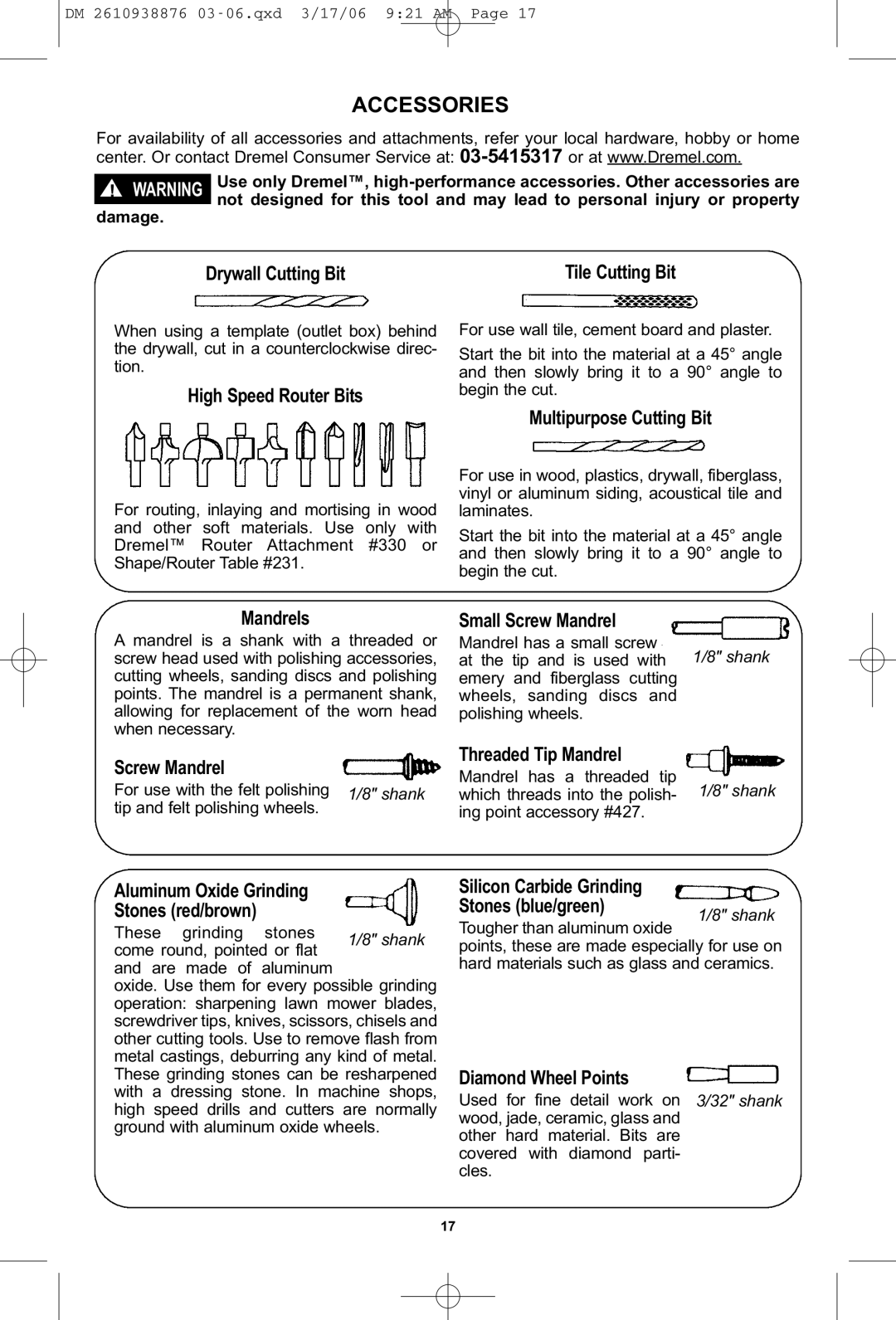 Dremel 03-5415317 manual Accessories 