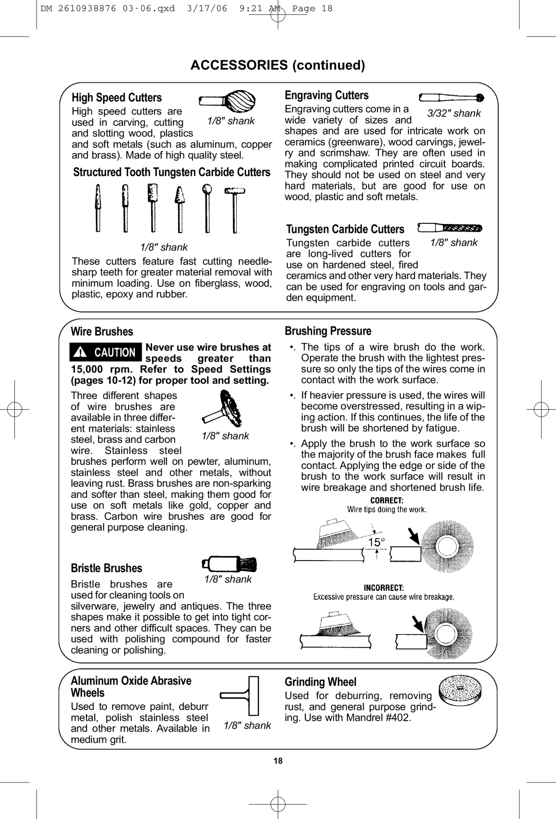 Dremel 03-5415317 manual High Speed Cutters, Structured Tooth Tungsten Carbide Cutters, Wire Brushes, Engraving Cutters 