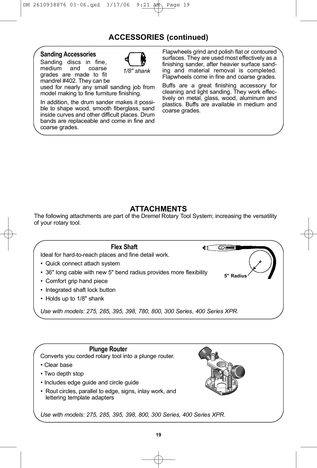 Dremel 03-5415317 manual Attachments, Sanding Accessories, Flex Shaft, Plunge Router 