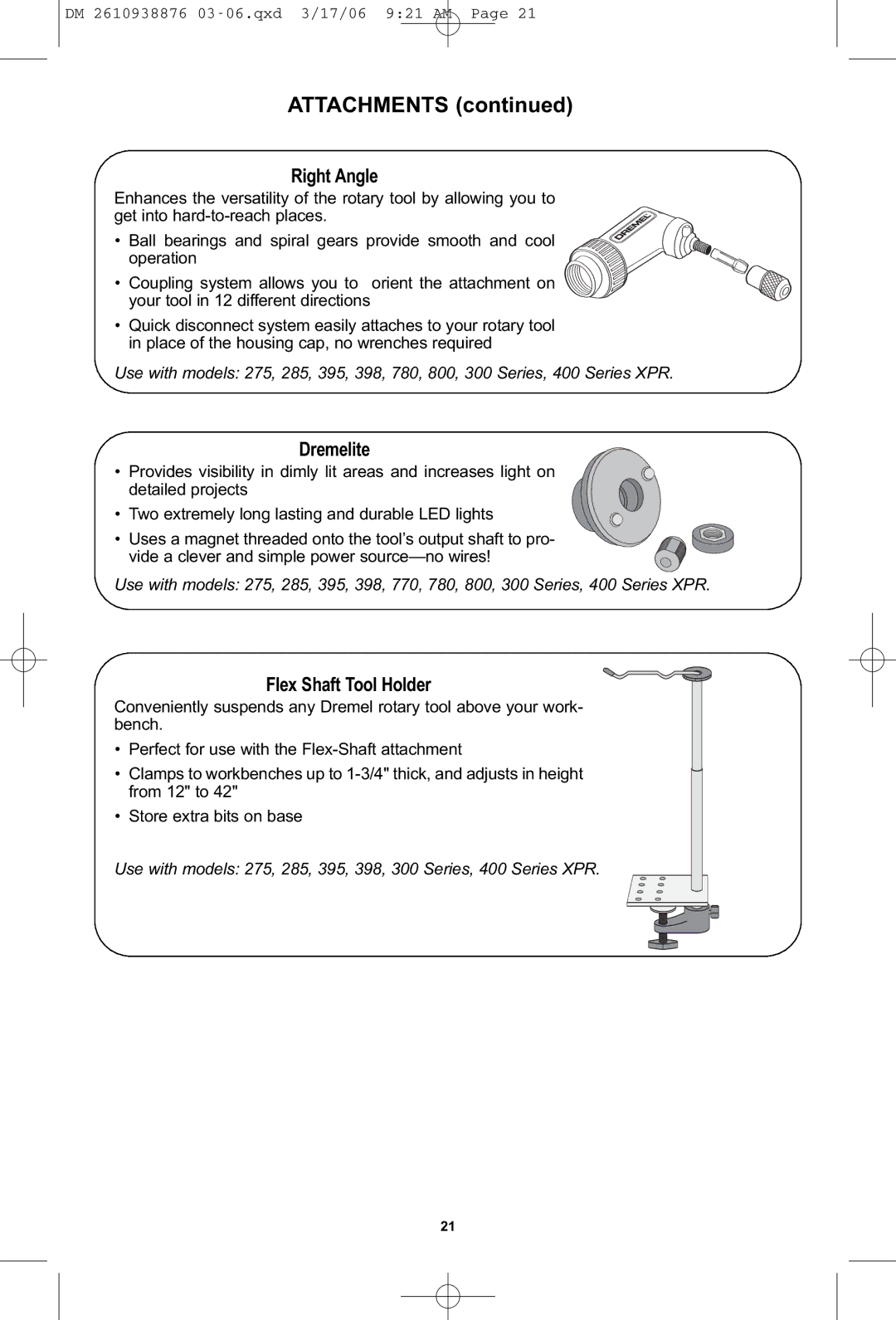 Dremel 03-5415317 manual Right Angle, Dremelite, Flex Shaft Tool Holder 