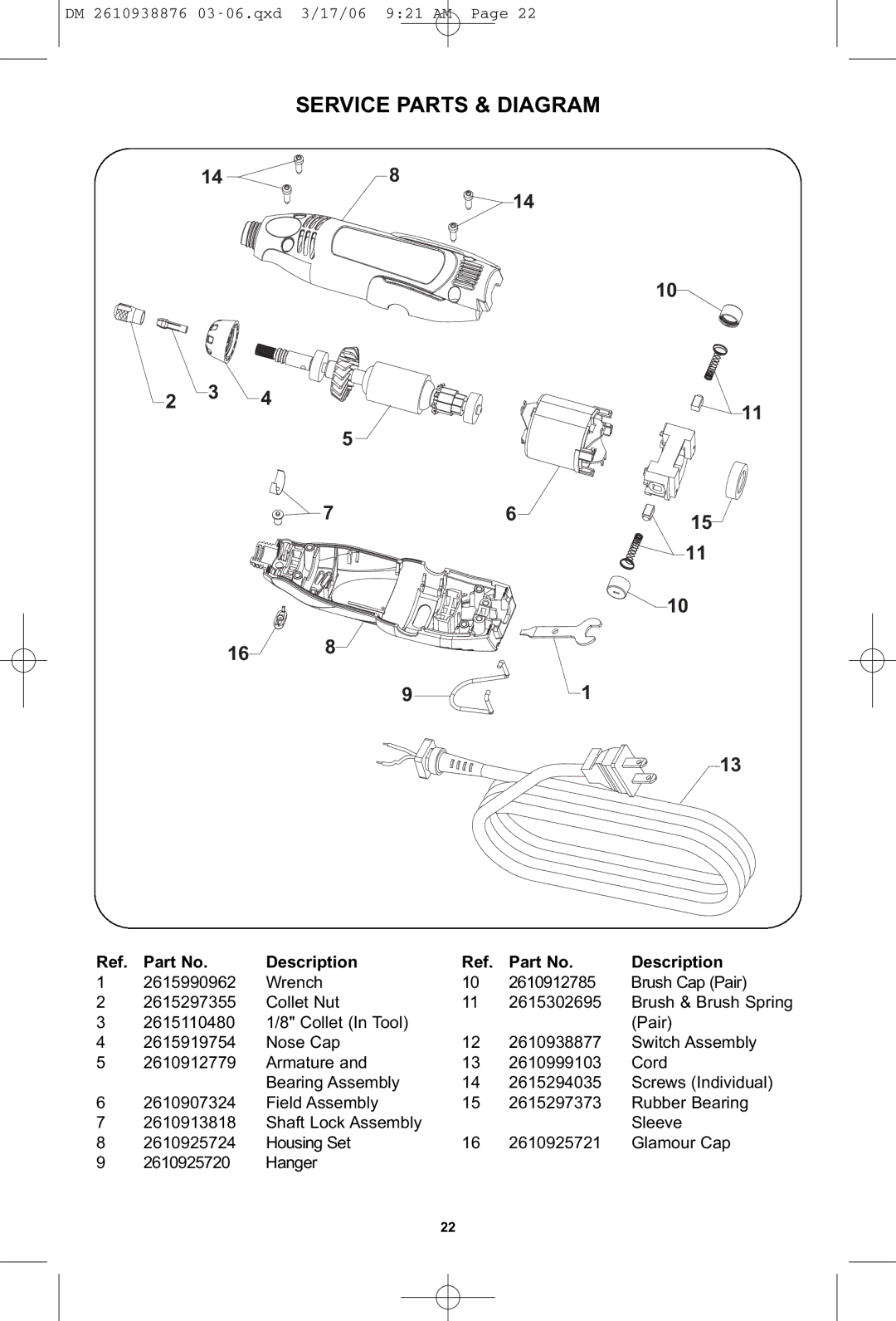 Dremel 03-5415317 manual Service Parts & Diagram, Description 