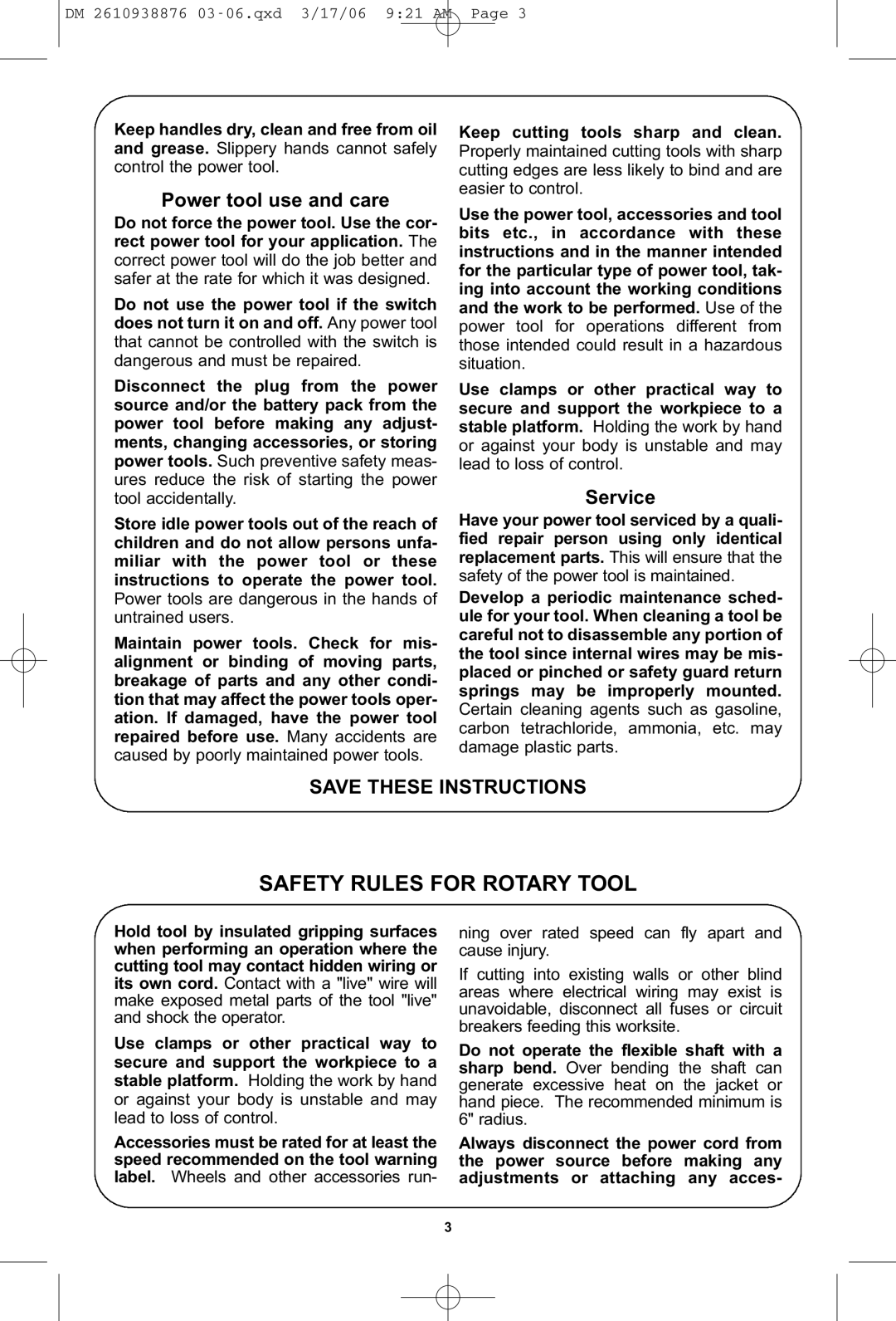 Dremel 03-5415317 manual Safety Rules for Rotary Tool, Power tool use and care, Service 