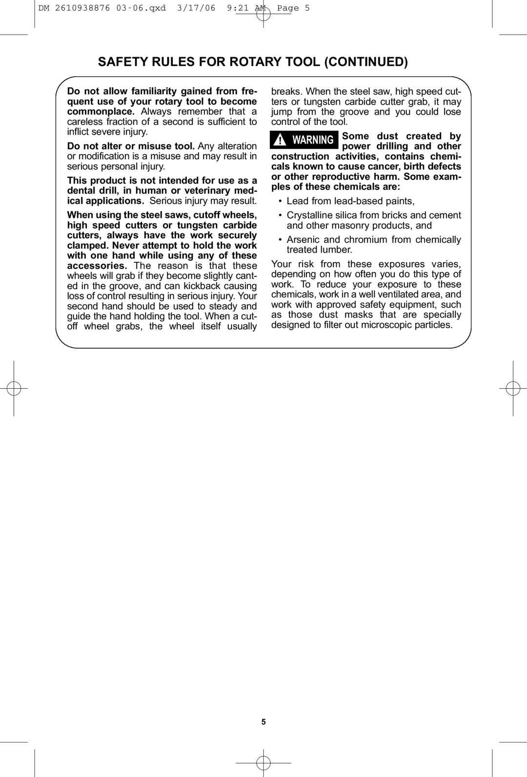 Dremel 03-5415317 manual Safety Rules for Rotary Tool 