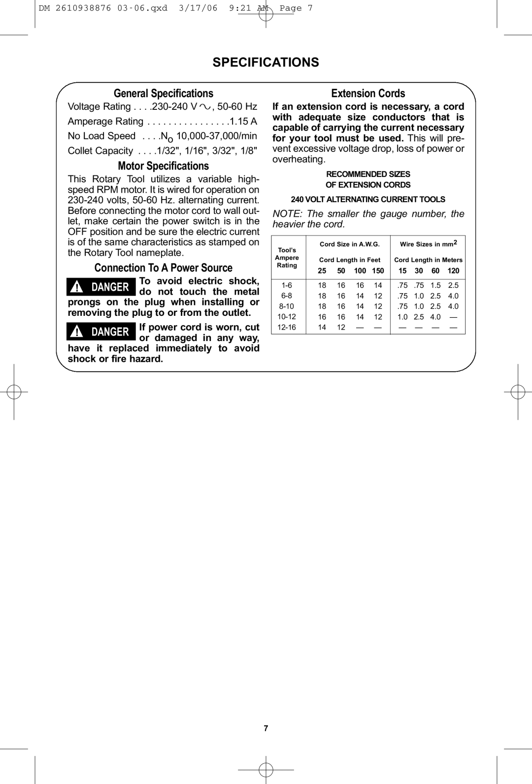 Dremel 03-5415317 manual Extension Cords, General Specifications, Motor Specifications, Connection To a Power Source 